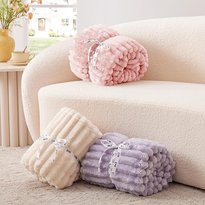 EXQ Home Fleece Blanket Twin Size for Couch or Bed - 3D Stripe Jacquard Decorative Blankets - Cozy Soft Lightweight Fuzzy Flannel Blanket Suitable for All Seasons(60"??80",Pink)