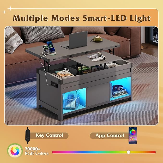 WLIVE 40" Lift Top Coffee Table, 4 in 1 Coffee Tables with Storage, 2 Fabric Drawers, LED Light and USB, Modern Coffee Table with Hidden Compartment for Living Room, Dining Room, Grey