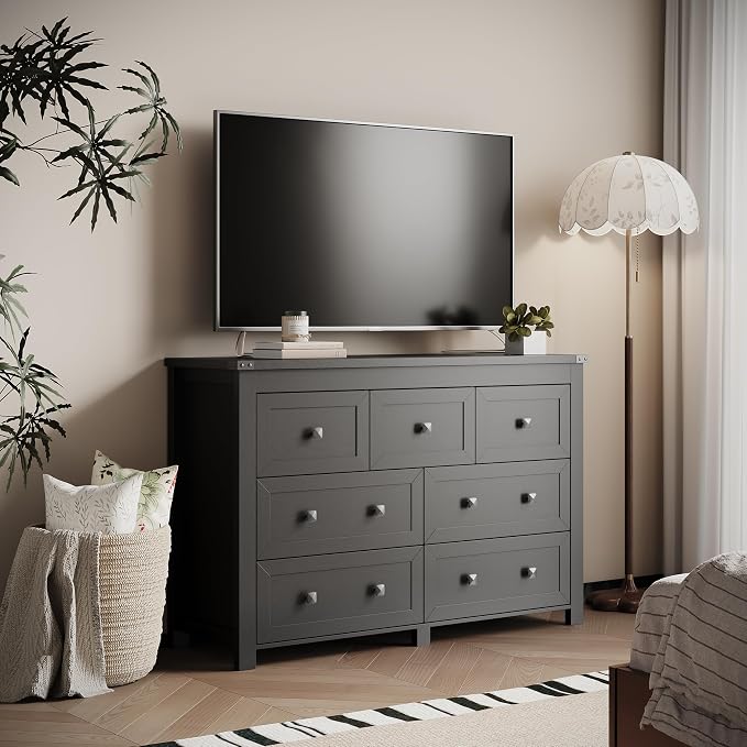 7 Drawer Dresser for Bedroom, Farmhouse Wood Chest of Drawers, Wide TV Stand Closet Storage Furniture with Metal Handle, Modern Wooden Clothes Organizer for Hallway, Living Room, Entryway, Black - Image 6