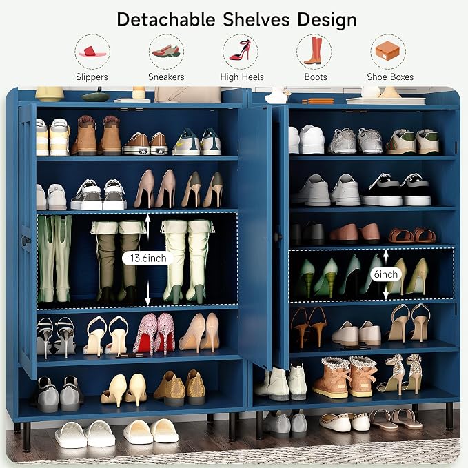 ONBRILL Shoe Cabinet with Cross Molding Doors, 6-Tier Shoe Storage Cabinet with 3 Adjustable Shelves and Metal Legs, 45'' Tall Shoes Rack Organizer Cabinet for Entryway, Front Door, Blue - Image 5
