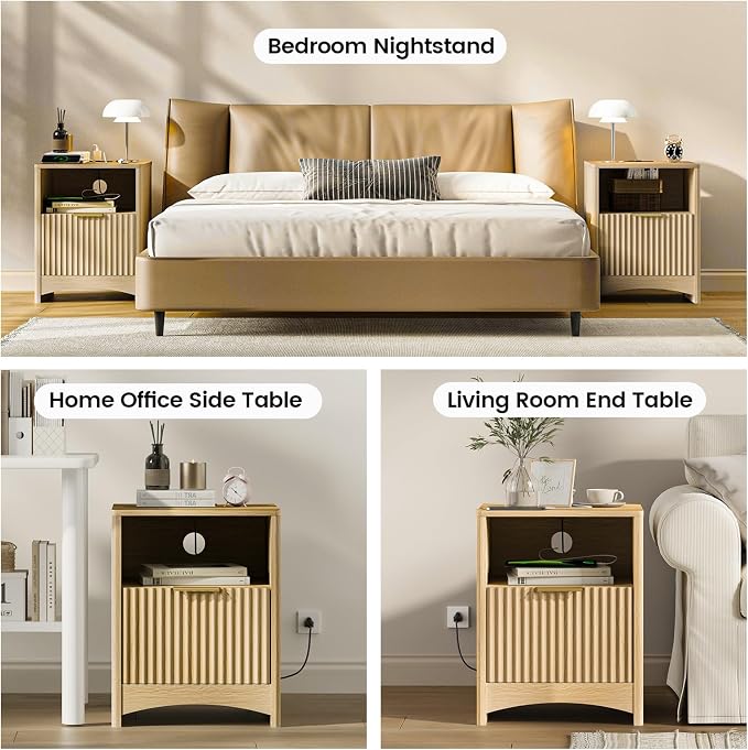 Amada Fluted Nightstand with Charging Station, Set of 2, Bedside Table with USB Ports & AC Outlets, Deep Drawer and Cable Management, Modern Side Table for Bedroom, Natural Oak - Image 4