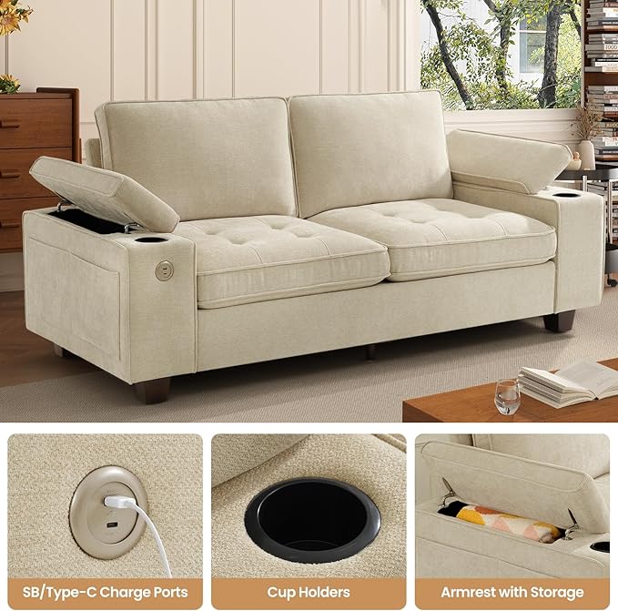 74" Loveseat Couch for Living Room, Modern Chenille Upholstered Sofa with Adjustable Armrest,Storage,Cup Holders,USB & Type-C Ports,Solid Wood 2-Seater Loveseat Sofa for Apartment(Beige)