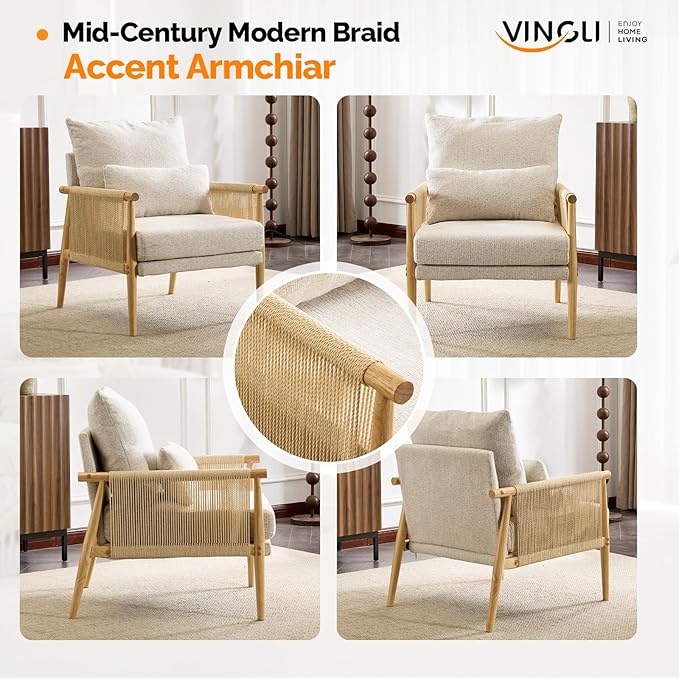 VINGLI Boho Braid Accent Armchairs Set of 2,Mid-Century Modern Chiars with Solid Wooden Armrest,Comfy Louge Cushion Chairs with Waist Pillow for Bedroom,Living Room,Reading Room, Gray Beige