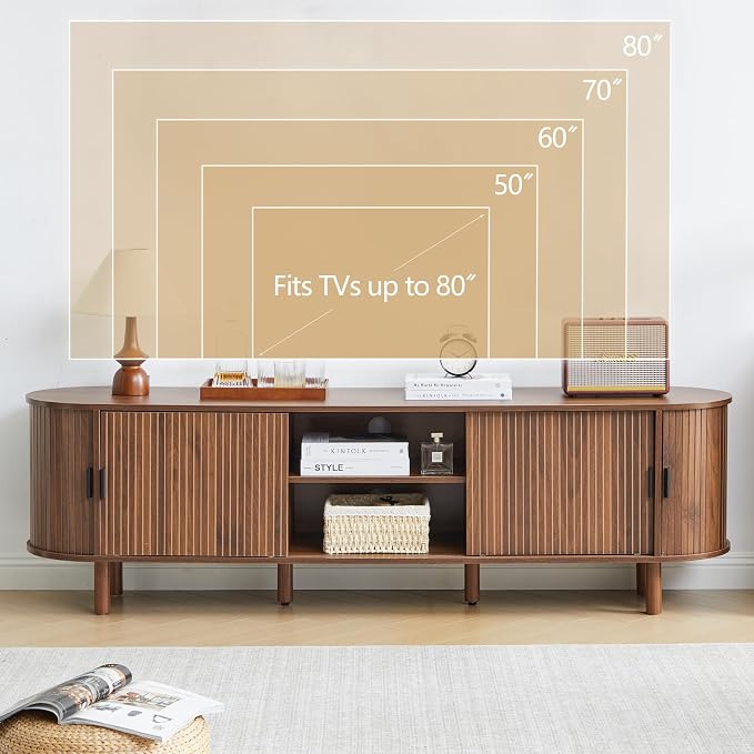 FurSch 70.87”Tambour TV Stand for 50-80 Inch, Mid Century Entertainment Center with Large Storage Cabinet & Open Shelves, TV Console with Sliding Doors for Living Room, Bedroom(Walnut, 70.87inch) - Image 3