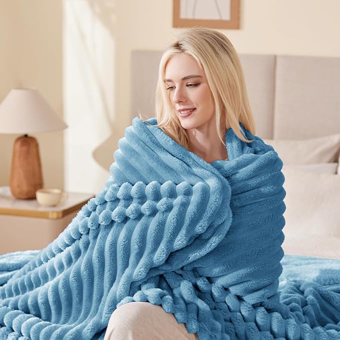 EXQ Home Fleece Throw Blanket for Couch or Bed - 3D Stripe Jacquard Decorative Blankets - Cozy Soft Lightweight Fuzzy Flannel Blanket Suitable for All Seasons(50"??60",Blue)