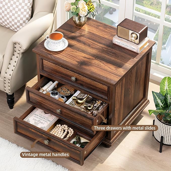 Joaxswe 24" Wide Farmhouse Night Stand Set of 2,Large End Table with 3 Drawers & Metal Handle,Wood Dresser for Bedroom,Bed Side Table Chest of Drawers Cabinet,Brown Nightstand for Living Room,Closet - Image 4