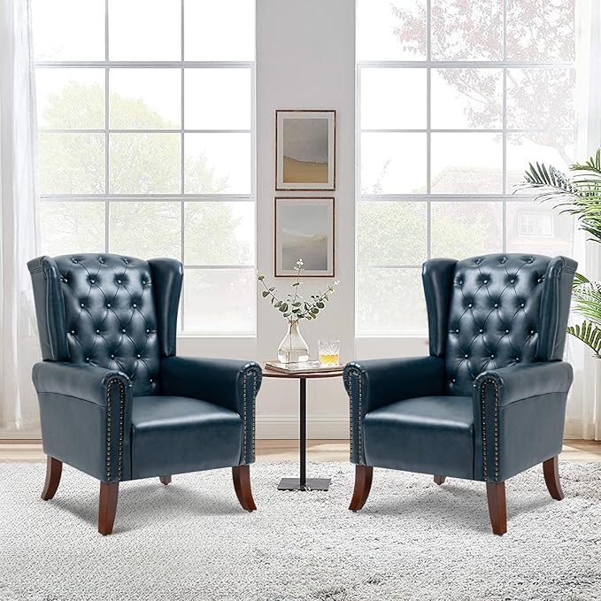 PU Leather Accent Chair Set of 2, Modern Upholstered Living Room Chair Sofa Chair with Wooden Legs, Wingback Armchair Club Chair for Bedroom,Study Room, Lounge (Dark Blue)