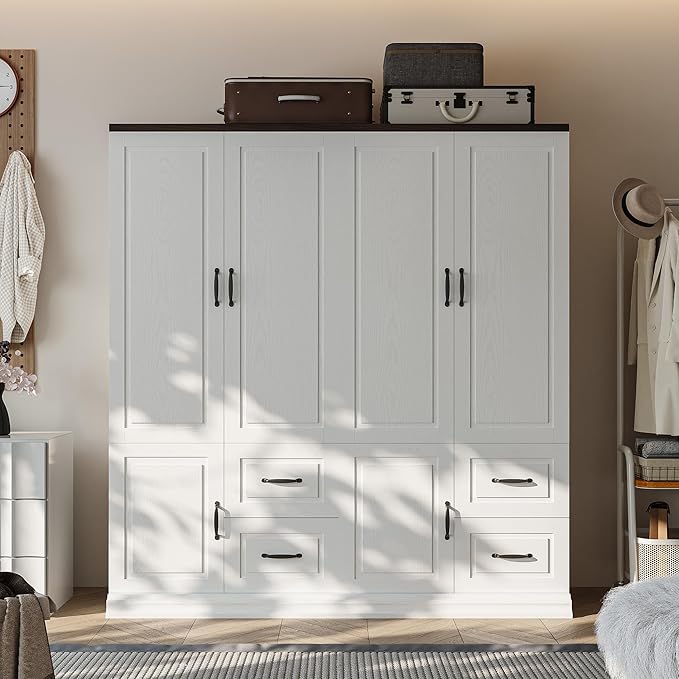 ANCTOR Wardrobe Closet with Drawers, 71.1" H Tall Wooden Armoire with 2 Doors and Hanging Rod for Hanging Clothes, Freestanding Wardrobe Storage Cabinet, Stand Alone Clothing Organizer Closet, White