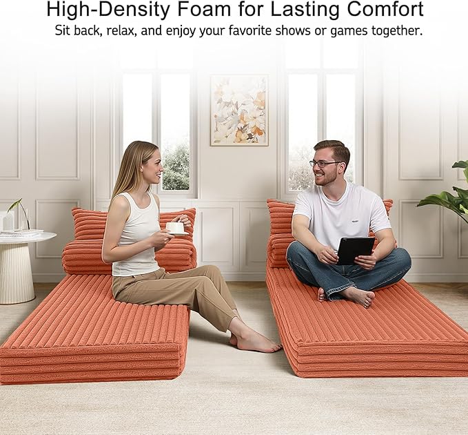 MeMoreCool Convertible Sofa Bed, Folding Floor Couch Bed Queen, Pull Out Sleeper Couch with Pillows, Fold Out Futon Sofa for Bedroom Living Room Small Space, Corduroy Orange