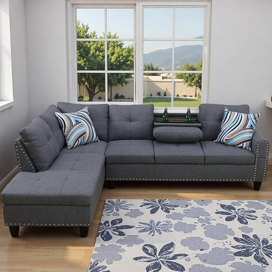 L Shape Sectional Couch with Chaise, 97.5 Inch Modular Sofa with Cup Holders, Sectional Couches for Living Room, Ergonomic Reclined Backrest, for Office and Small Apartment, Grey