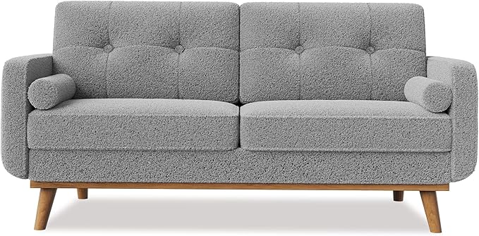 IDEALHOUSE 65" Mid Century Modern Couch Sofa Loveseat, Comfy Love Seat Couches for Living Room, 2 Seater Teddy Fleece Boucle Upholstered Deep Seat Couch for Bedroom Office Small Space, Grey