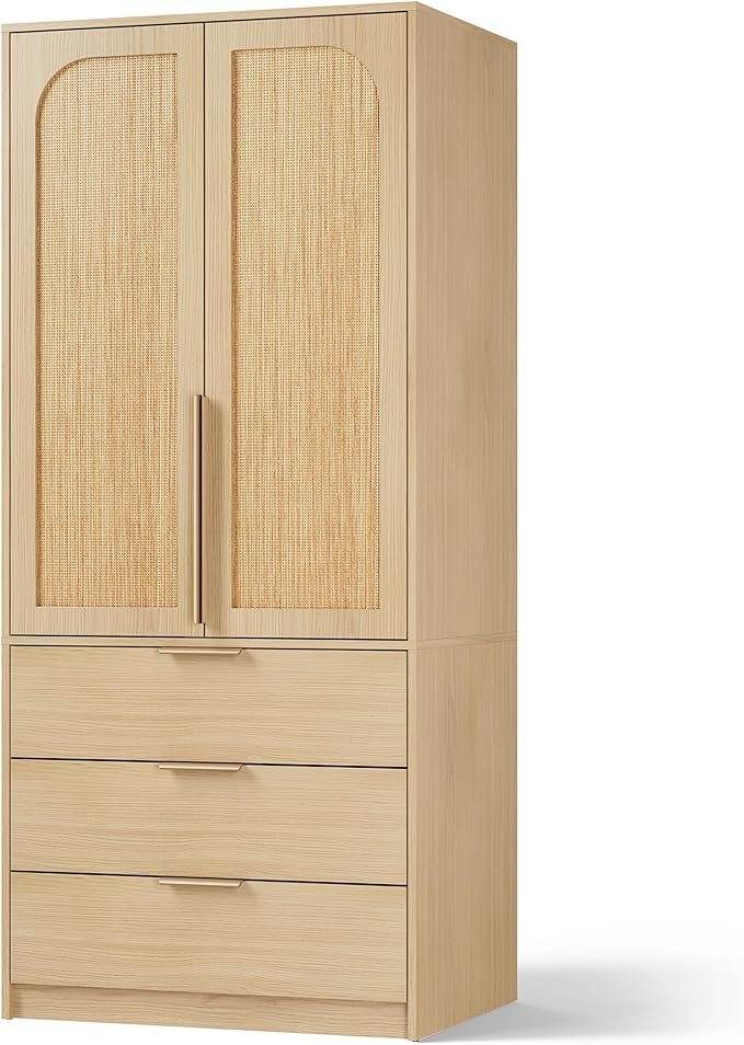 GarveeHome Armoire Wardrobe Closet, 69.5 in Wooden Wardrobe Cabinet with 3 Drawers, Hanging Rod, 2 Doors Clothing Storage Cabinet for Bedroom, Large Capacity Storage, Rattan Door, Natural