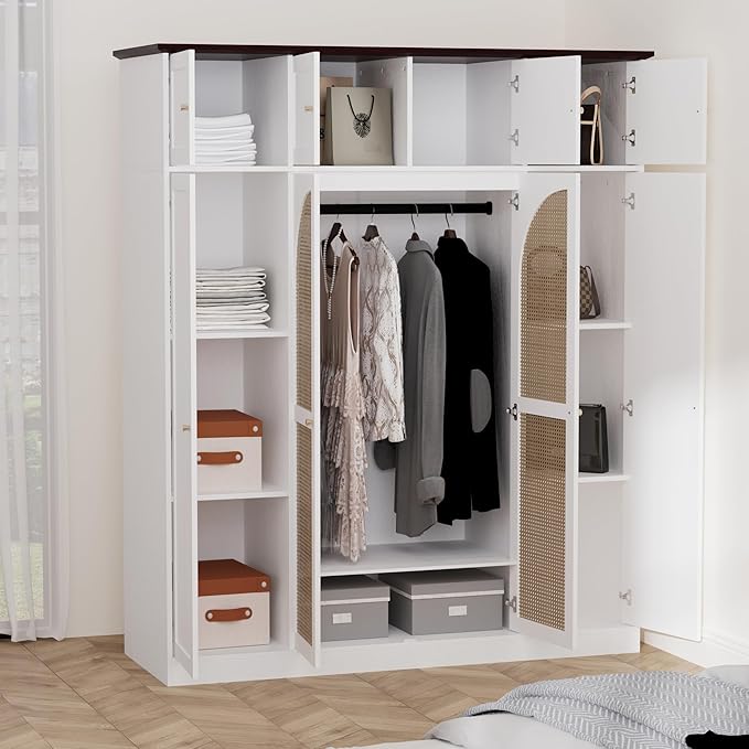 4 Doors Large Armoire Wardrobe Closet with Rattan Doors, 70.87" Tall Freestanding Wooden Closet Wardrobe Cabinet with Hanging Rod and Adjustable Shelves, Clothing Storage Cabinet for Bedroom, White