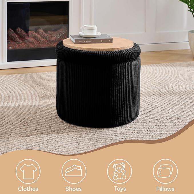 WUTUTUEE Corduroy Storage Ottoman with Flip-Top Tray, Modern Upholstered Ottoman Coffee Table, Dual Leg Options Ottoman Footrest for Living Room, Bedroom, Office, Black