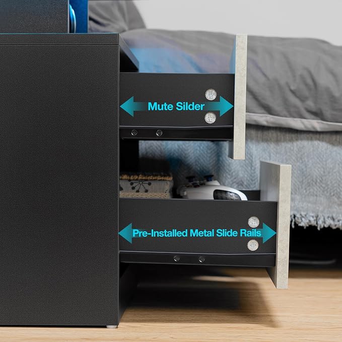 HOMMPA Nightstand with Charging Station and LED Light, Smart Nightstand with USB Port & Wireless Charging, Modern Night Stand with 2 Drawer, Concrete Grey Matte Beside Table for Bedroom - Image 6