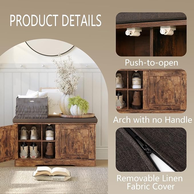 DINZI LVJ Shoe Bench, Entryway Storage Bench with Doors, Cushion, 2-Tier Shoe Rack with 6-Cubby, 31.5”L x 13.8”W Shoe Organizer Cabinet, Adjustable Shelf, Living Room, Bedroom, Rustic Brown - Image 5