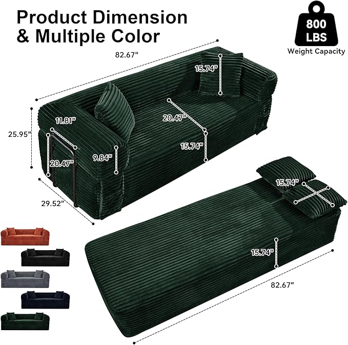 83'' Boneless Couch in A Box, No Assembly Needed Sofa Bed Couch 3 Seater Corduroy Modern Cloud Sofa 29'' Deep Seat with 2 Pillows & Removable Backrest for Living Room, Bedroom, Apartment, Dark Green | No Assembly Needed, High Density Foam, Removable Ba...