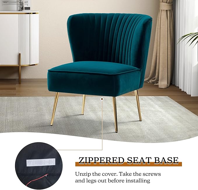 HULALA HOME Velvet Accent Chair, Modern Upholstered Cute Side Chair with Gold Metal Legs, Armless Wingback Slipper Chair Comfy Living Room Chair for Bedroom Guest Room Vanity, Teal