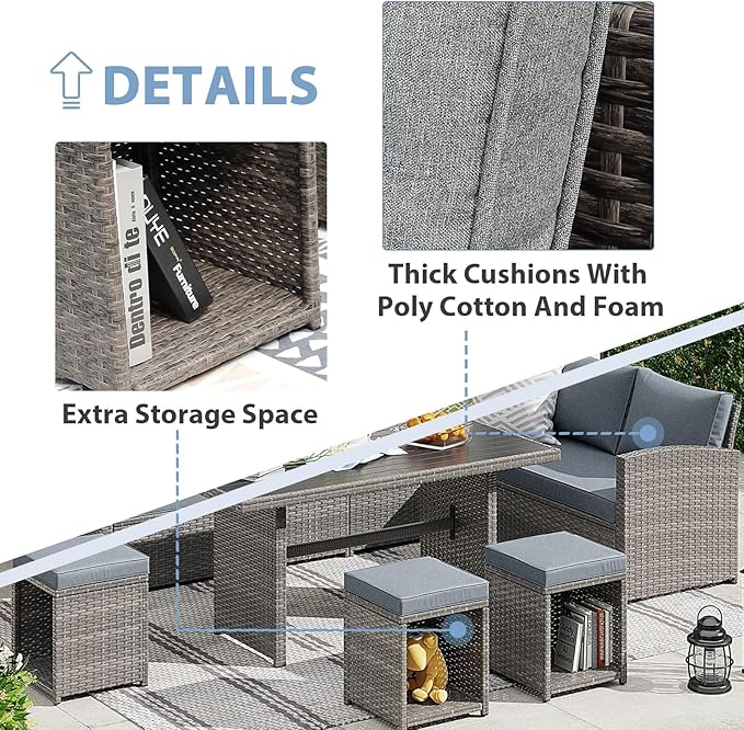JOIVI Outdoor Patio Furniture Set, 7 Piece Patio Dining Sofa Set, Outdoor Sectional Couch Conversation Set All Weather Wicker Rattan Aluminum Desktop Dining Table & Chair with Ottomans, Gray Cushion