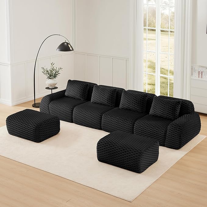 146" U-Shaped Compressed Sectional Cloud Sofa, Flannel Upholstered Modular Deep Seat Sofa with 6 Pieces, Symmetrical Boneless Foam Modular Cloud Couches for Living Room