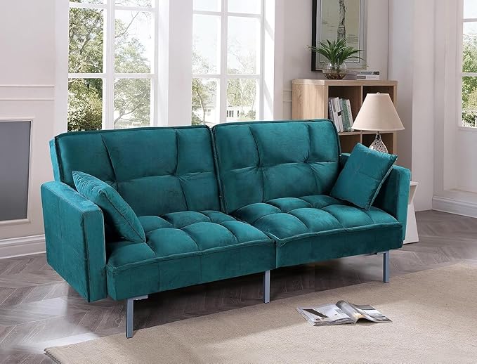 Regal 75.6" Velvet Convertible Sofa Bed - Mid-Century Sleeper Couch w/Tufted Design & Metal Legs - Pull-Out Futon for Guests/Home (75.6" W x 34.6" D x 32" H), Blue