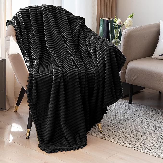 DISSA Fleece Blanket Throw Size ?€? 51x63, Black ?€? Soft, Plush, Fluffy, Fuzzy, Warm, Cozy ?€? Perfect Throw for Couch, Bed, Sofa - with Pompom Fringe - Flannel Blanket Throw Blanket