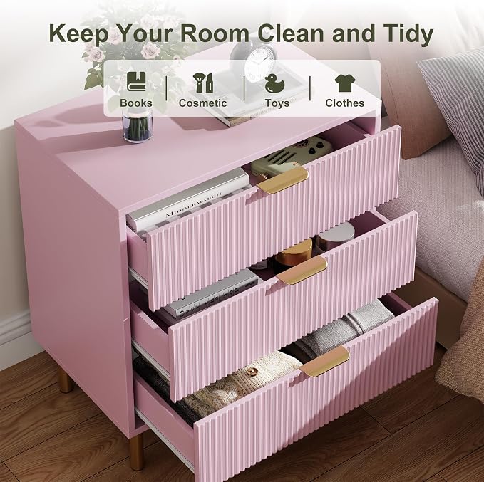 GarveeHome Pink Dresser, Modern 3 Drawer Dresser for Bedroom with Gold Handle and Large Drawer, Wood Double Chest of Drawers and Storage Organizer for Living Room, Hallway, Entryway - Image 5
