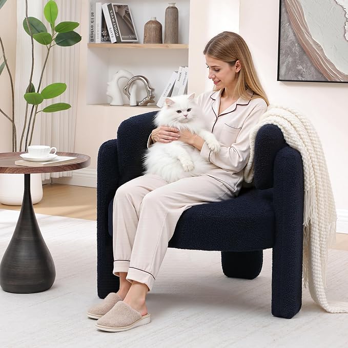 Accent Chair for Living Room, Modern Sherpa Barrel Chair, Upholstered Living Room Chairs with 3 Legs, Comfy Armchair Reading Side Chair for Bedroom, Office, Apartment, Blue