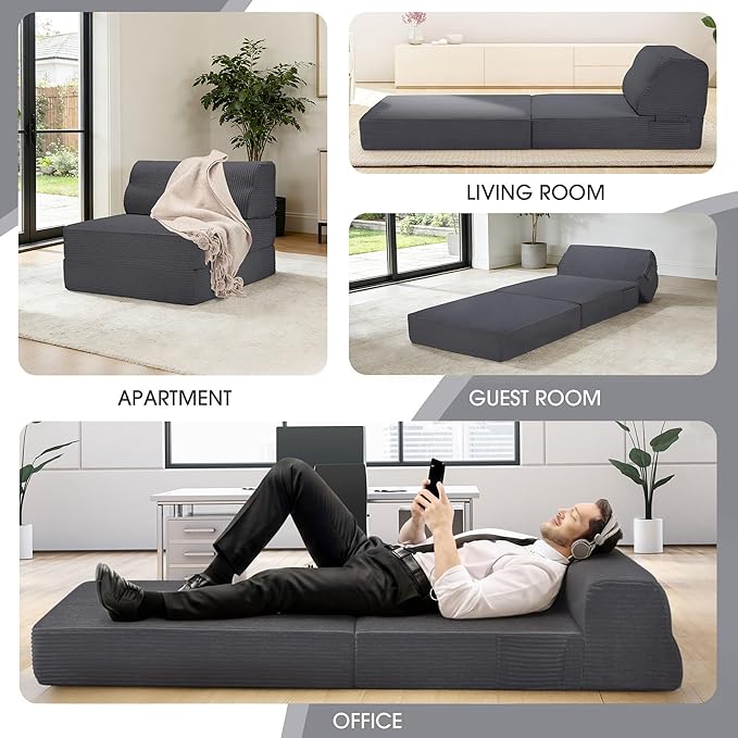 Folding Sofa Bed with Pillow, Memory Foam Fold Out Chair Bed, Convertible Sleeper Chair with Washable Cover, Futon Floor Couch for Living Room/Dorm/Guest Use/Home Office/Apartment, Gray