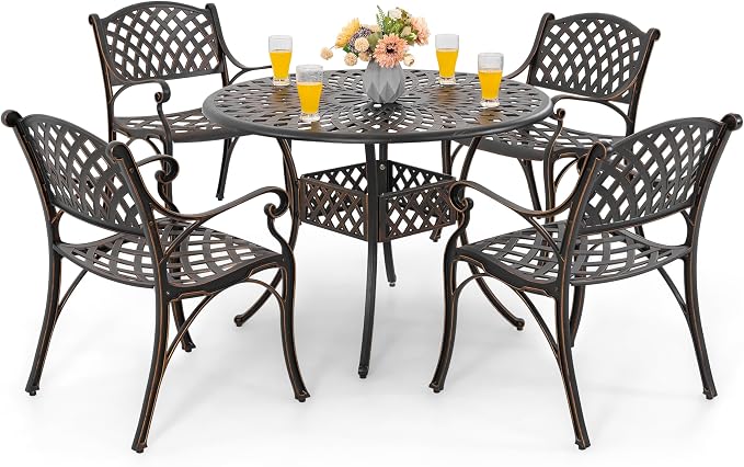 NUU GARDEN Outdoor 5-Piece Patio Dining Set, 4 Patio Chairs and 42'' Round Dining Table with 2.24" Umbrella Hole, Cast Aluminum Frame, for Patio, Deck, Garden, Backyard, Balcony, Antique Bronze by NUUGARDENCORPORATION