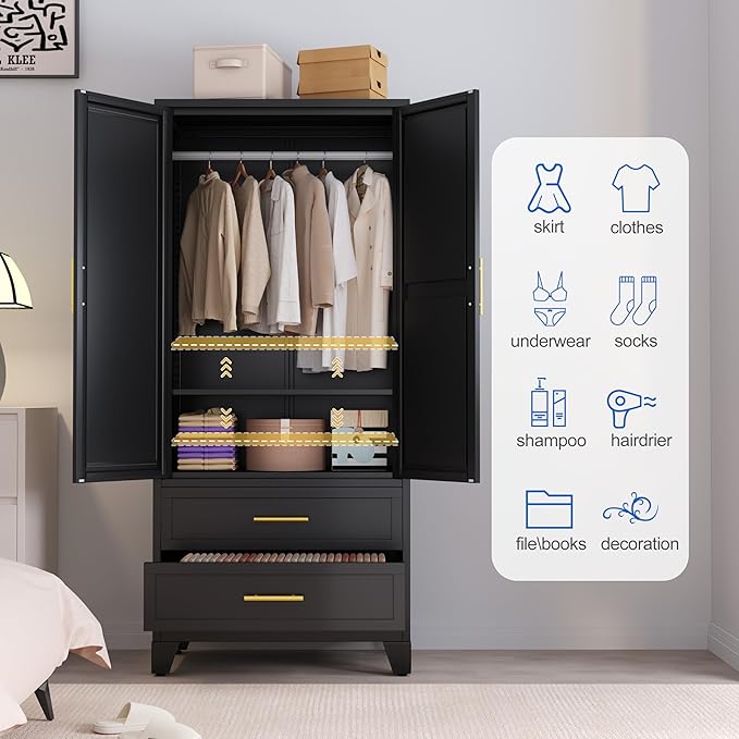 GAIOUS Steel Armoire Wardrobe Closet with Mirror, 71" Metal Clothes Storage Cabinets with 2 Doors, 1 Adjustable Shelf, 2 Drawers, Metal Wardrobe Cabinet with Hanging Rod for Bedroom, Gym, Cloak(Black)