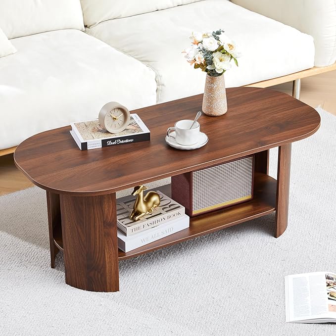 Oval Coffee Table for Living Room, 43.3” Farmhouse Coffee Tables with Storage, 2-Tier Wood Center Table with Storage Shelf Low Tea Table for Small Space, Home, Office, Easy Assembly (Walnut)