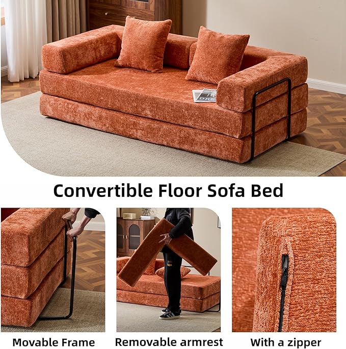 Convertible Floor Sofa Bed, Fold Out Floor Couch with Pillow Back & Armrest, Compressed Couch with Fixed-Shape Frame, Chenille Foldable Sleeper Sofa Bed for Living Room Bedroom, Orange