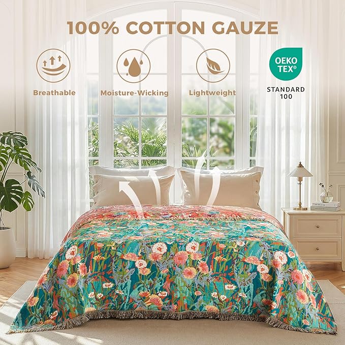 LUTBM Cotton Boho Blanket Queen Size Soft Spring Lightweight Bed Quilt Floral Embroidery Blanket for Bedroom Living Room Home Decor Reversible Blankets 90"x90"