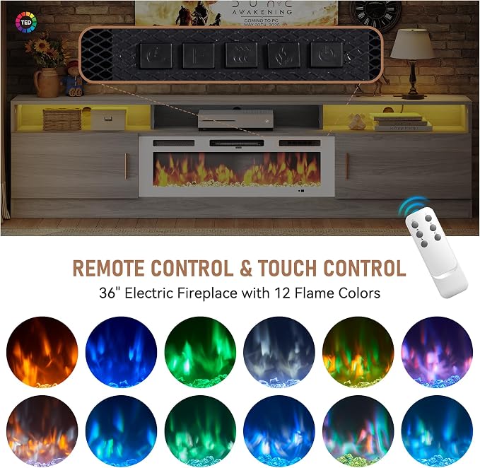 MXV 78" Fireplace TV Stand with Power Outlet for TVs UP to 90", Electric Fireplace Entertainment Center with LED Lights & Storage Cabinets, TV Console for Living Room, Office, Grey-White - Image 6