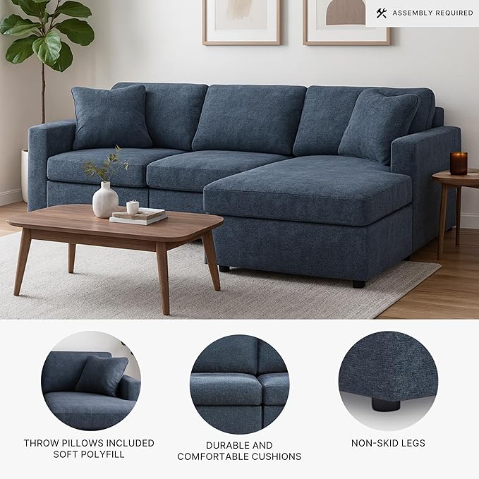 Signature Design by Ashley Modmax Contemporary L-Shaped Modular Stain Resistant 3-Piece Sectional with Chaise, Reversible Cushions and 2 Accent Pillows, Blue