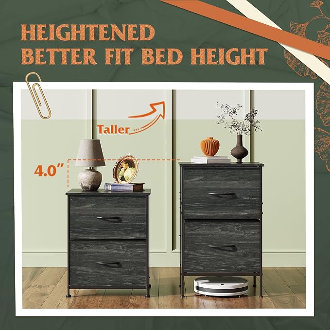 WLIVE Nightstand, Nightstand with 2 Drawers, Bedside Furniture, Night Stand, Small Dresser for Bedroom, College Dorm, End Table with Fabric Bins, Dormitory, Charcoal Black Wood Grain Print - Image 3