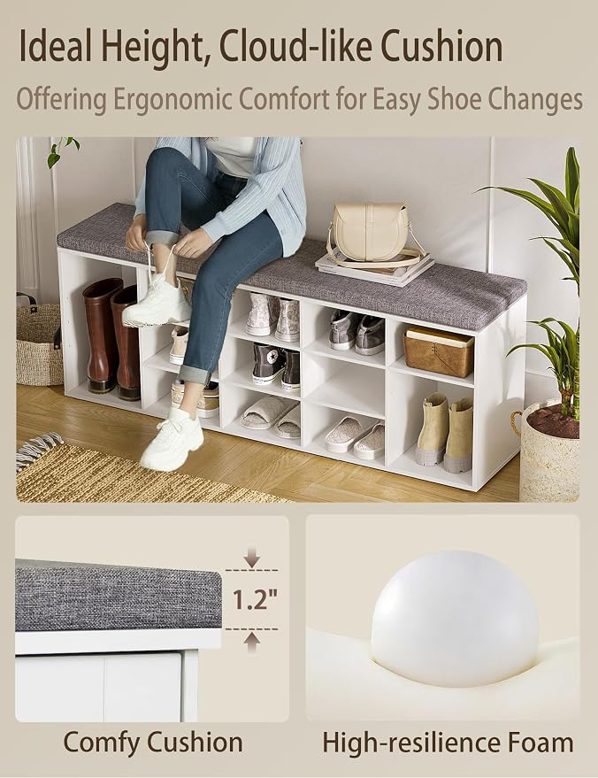 DINZI LVJ Shoe Storage Bench with Cushion, 13-Cubby Shoe Rack, Adjustable Shelves, Multifunctional Shoe Organizer Bench for Entryway, Mudroom, Hallway, Living Room, Bedroom and Garage, White - Image 7