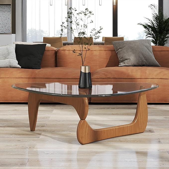 Glass Coffee Table Modern Coffee Table for Living Room, Farmhouse Mid Century Center Tables with Tempered Glass Top and Wooden Base,Rustic Walnut Brown Tea Tables for Small Space