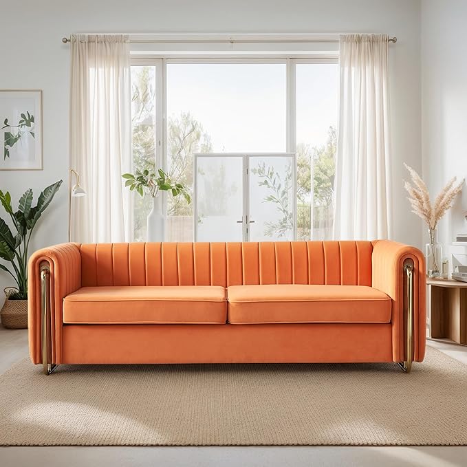 KEIKI 84" Velvet Deep Channel Tufted Sofa with Back Cushions and Rolled Arms, Modern Style 3-Seater Couch with Golden Polished Steel Legs, Easy Assembly, for Living Room, Bedroom, Office, Orange
