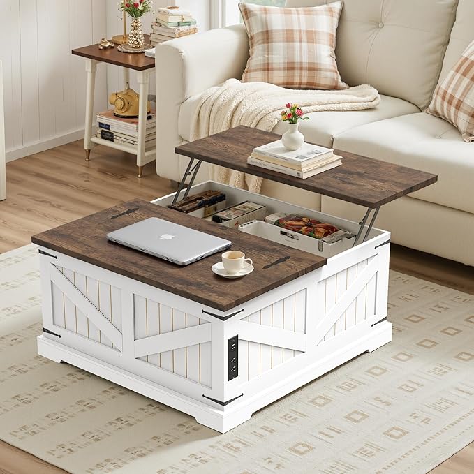 36" Lift Top Coffee Table with Storage and Charging Station, Farmhouse Square Coffee Table with Hidden Compartment, Adjustable Laptop Desk for Living Room, USB Ports and Outlets