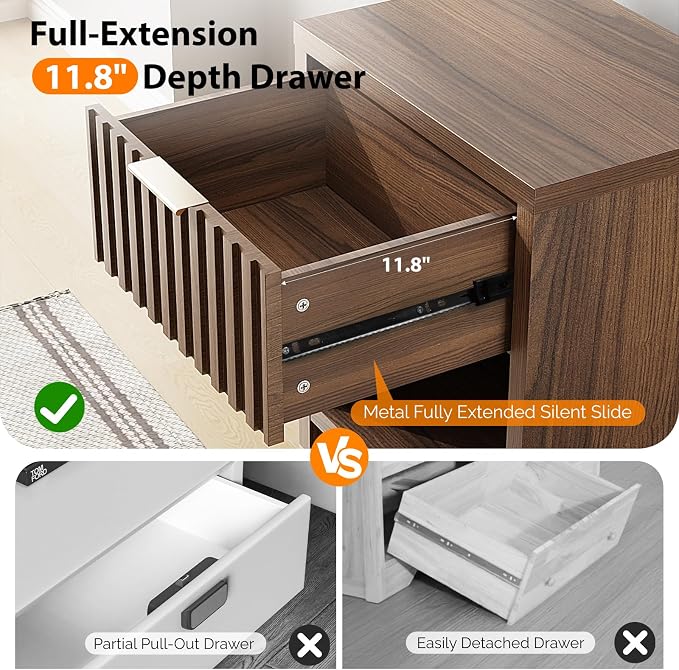 VINGLI Fluted Brown Nightstand, 20" W Mid Century Modern Nightstand for Bedroom, Bedside Table, End Tables Bedroom, Wood Side Table - Image 4