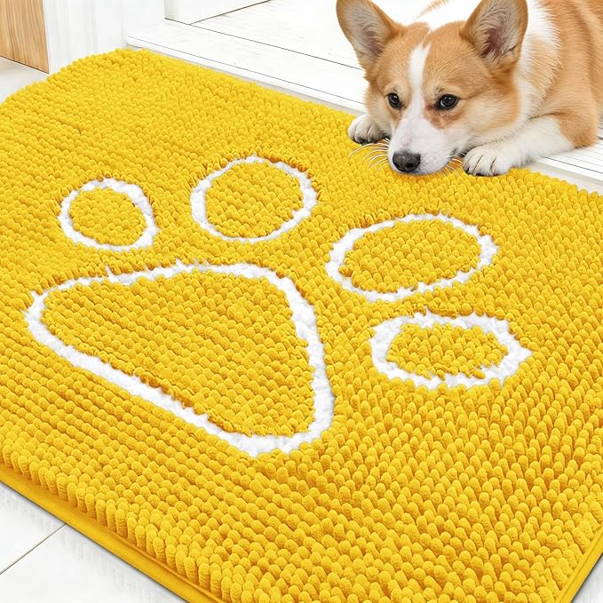 OLANLY Dog Door Mat for Muddy Paws 30x20, Paw Print Design, Absorbs Moisture and Dirt, Absorbent Non-Slip Washable Doormat, Quick Dry Chenille Mud Mat for Dogs, Entry Indoor Entryway Carpet, Yellow by OLANLY