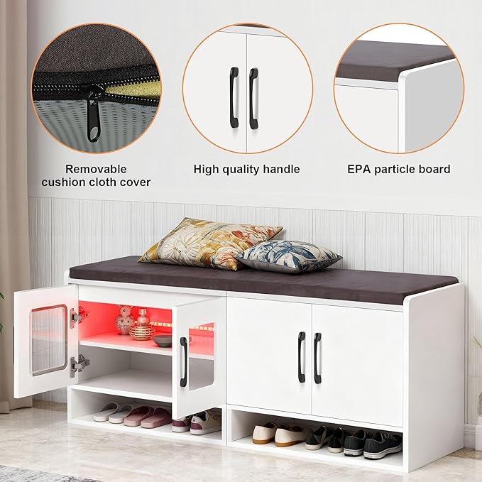Shoe Bench with Thickened Cushion,Entrance Bench with Glass Door and Ambient Light,Three-Layer Shoe Rack,Color Changing Light Strip, Two Large Storage Spaces,Living Room,Bedroom,White - Image 6