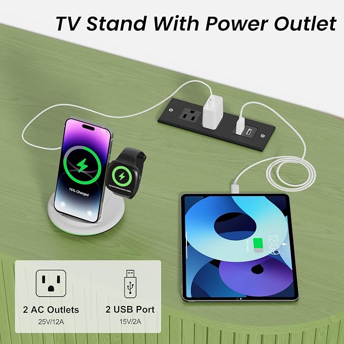 DHH 63 Inch Mid Century Modern TV Stand with Power Outlet for TVs up to 70 Inch, Entertainment Center with Storage and Adjustable Shelves, Media Console with Sliding Doors for Living Room(Green) - Image 5