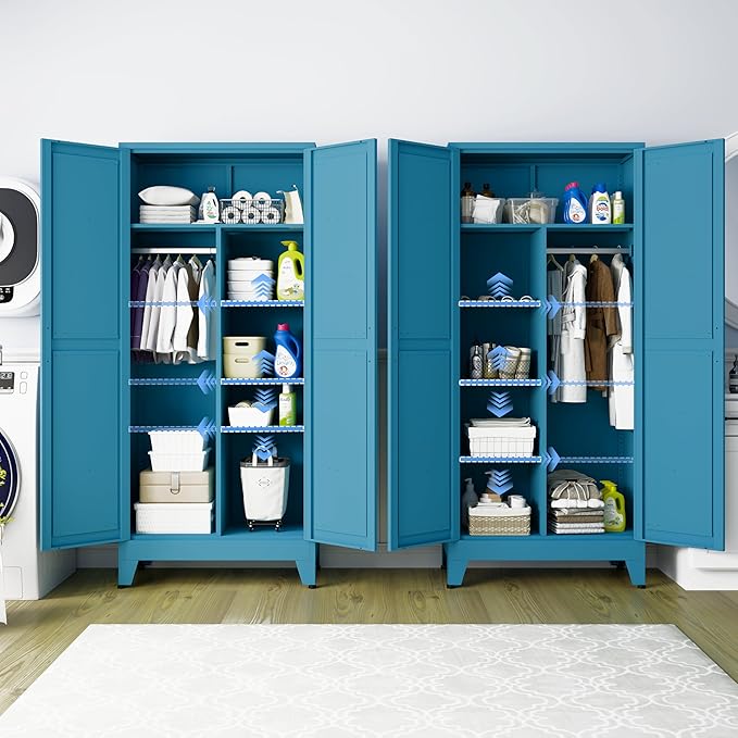 71" Armoire Wardrobe Closet with Hanging Rod & Adjustable Shelves, 2 Doors Blue Armoire Wardrobe Closet, Metal Clothing Storage Wardrobe Cabinet for Bedroom, Laundry Room, Office