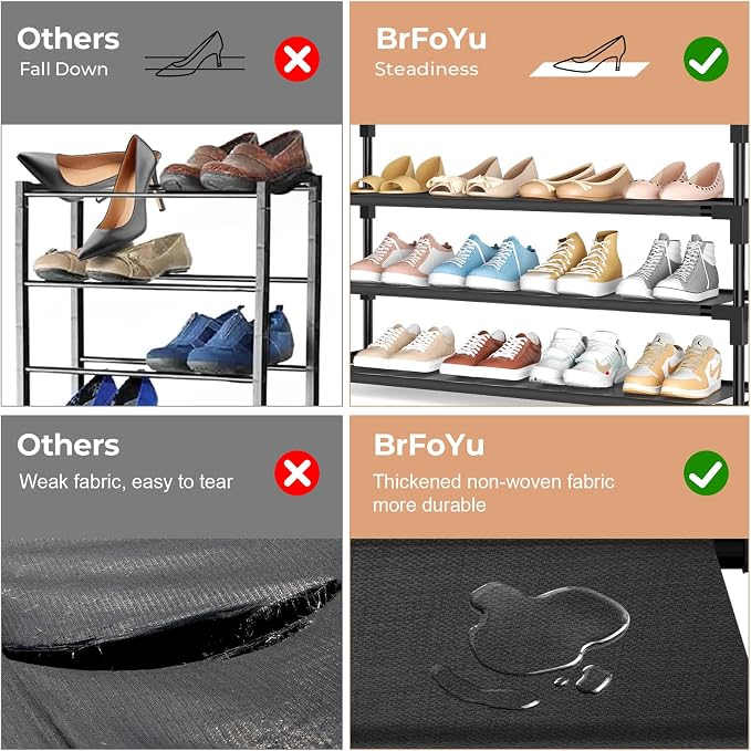 3 Tier Shoe Rack, Shoe Organizer Storage for 16-20 Pair Boot and Sneaker, Stackable Free Standing Shoe Shelf with Hooks and Side Pocket, Space Saving Shoes Rack for Closet, Entryway - Image 6