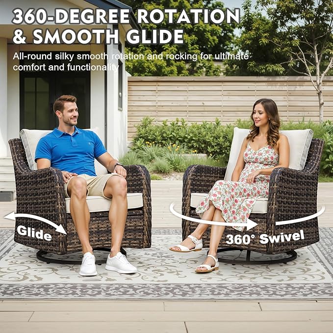 MEISSALIVVE 8 Pieces Patio Furniture Set with Swivel Rocking Chairs, Patio Conversation Set with Dining Table, Patio Dining Set with Waterproof Cushions for Lawn Backyard Porch (Brown)