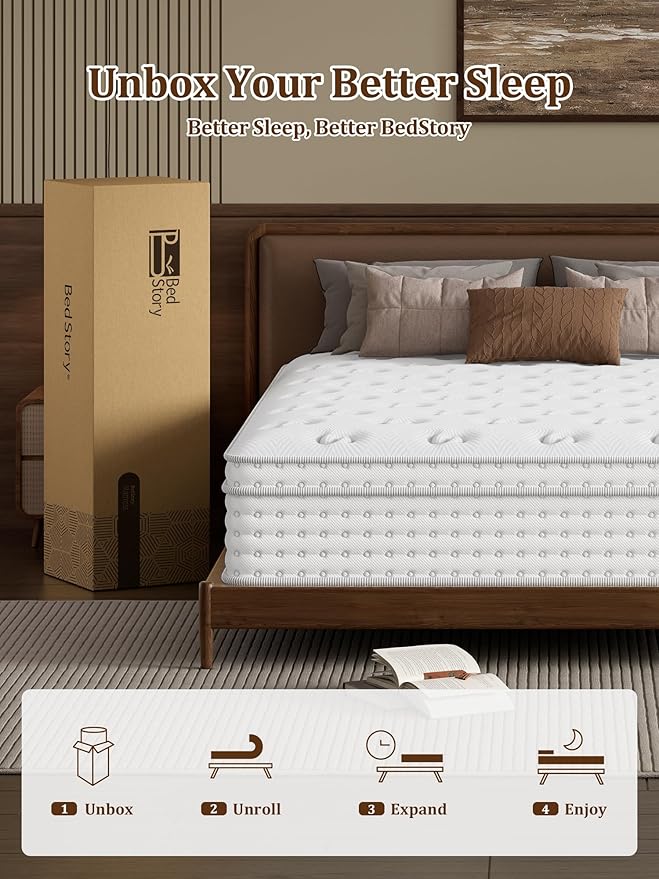 BedStory Medium Firm Queen Mattress 14 Inch, Hybrid Queen Size Mattress in a Box, Back Pain Relief, Luxury Pocket Spring Mattress, Fiberglass-Free, 365-Night-Trial, 10 Year Warranty