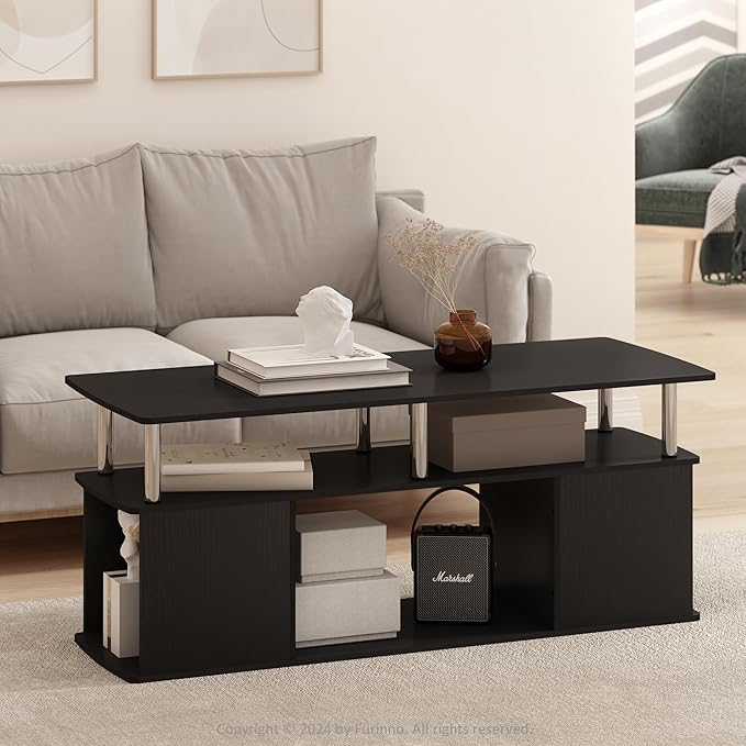 Furinno Jaya Coffee Table, Rectangle Modern Coffee Table with Open Shelf, Side Table with Side Storage, for Living Room, Bedroom, Home Office, Americano/Stainless Steel